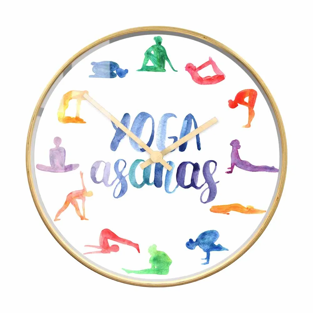 Aerial Yoga Logo Water Color Printed Wall Clock Yogi Art For Yoga Studio GYM Anti-gravity Yoga Asanas Wooden Frame Wall Watch