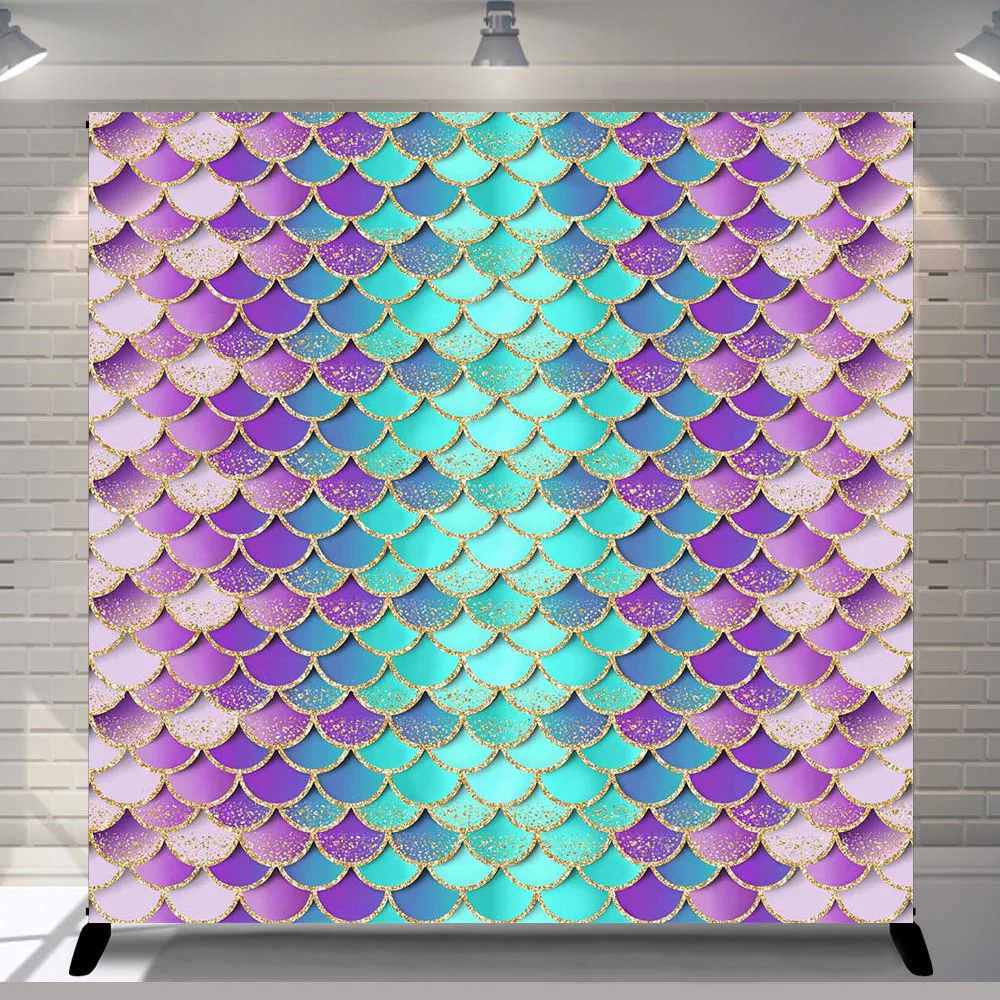 Mermaid Birthday Backdrop Glitter  Scales s Kids  Party Girls Princess Purple Aqua Green Shell 