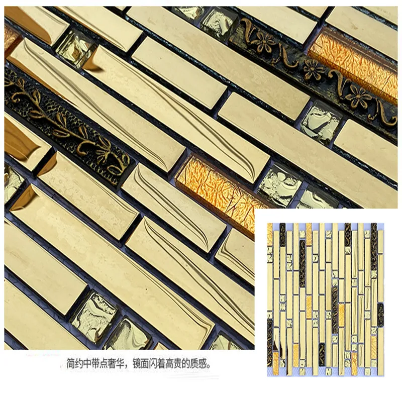 11 PCS Long Strip Crystal Glass Mosaic Tile, Electroplated Gold Silver Resin Brick for Bathroom Background Wall  Entrance Decora