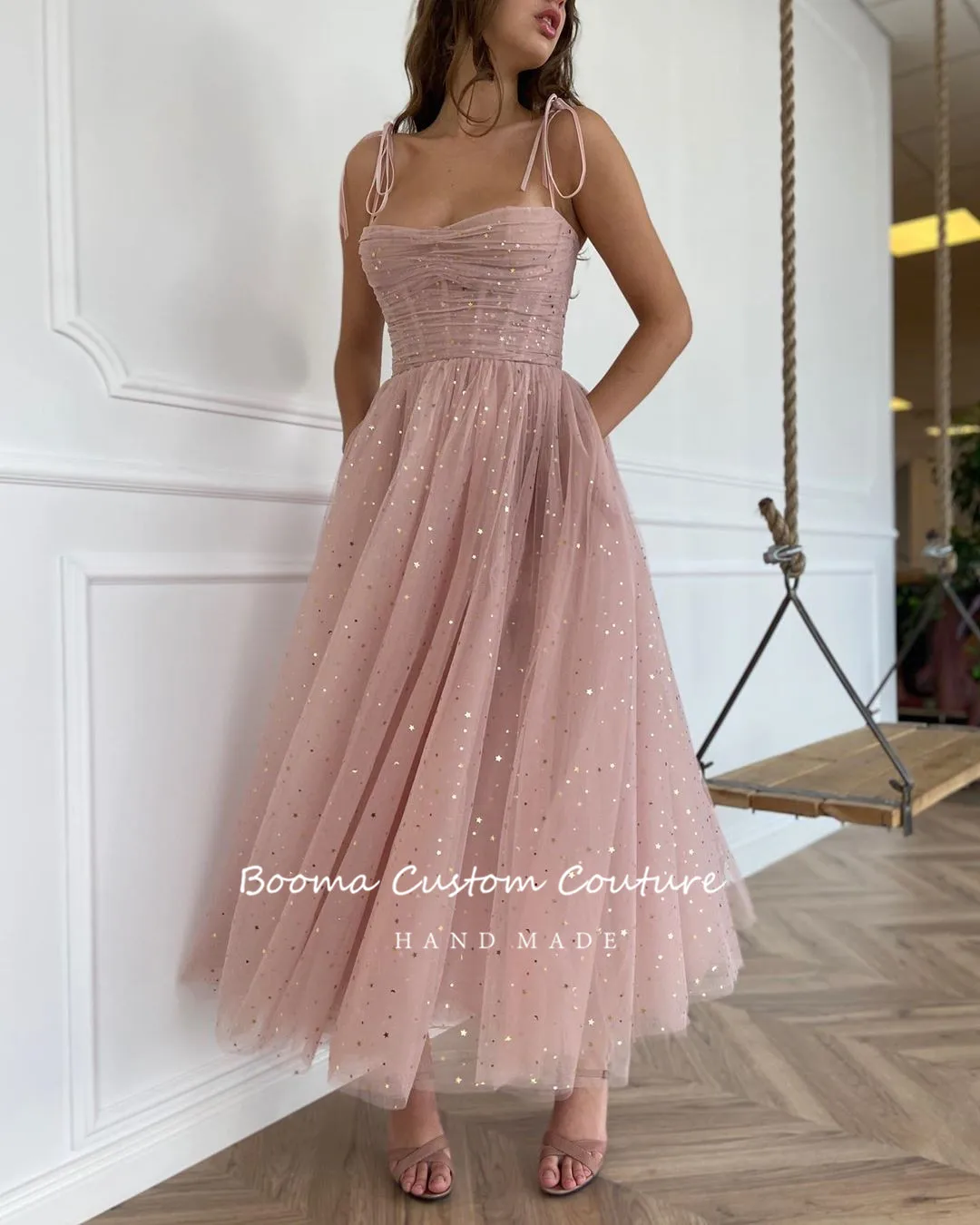 Sparkly Blush Prom Dresses 2023 Spaghettibandjes Plisse Tulle Korte Avondjurken Strapless A-lijn Formele Gowns Met Zakken