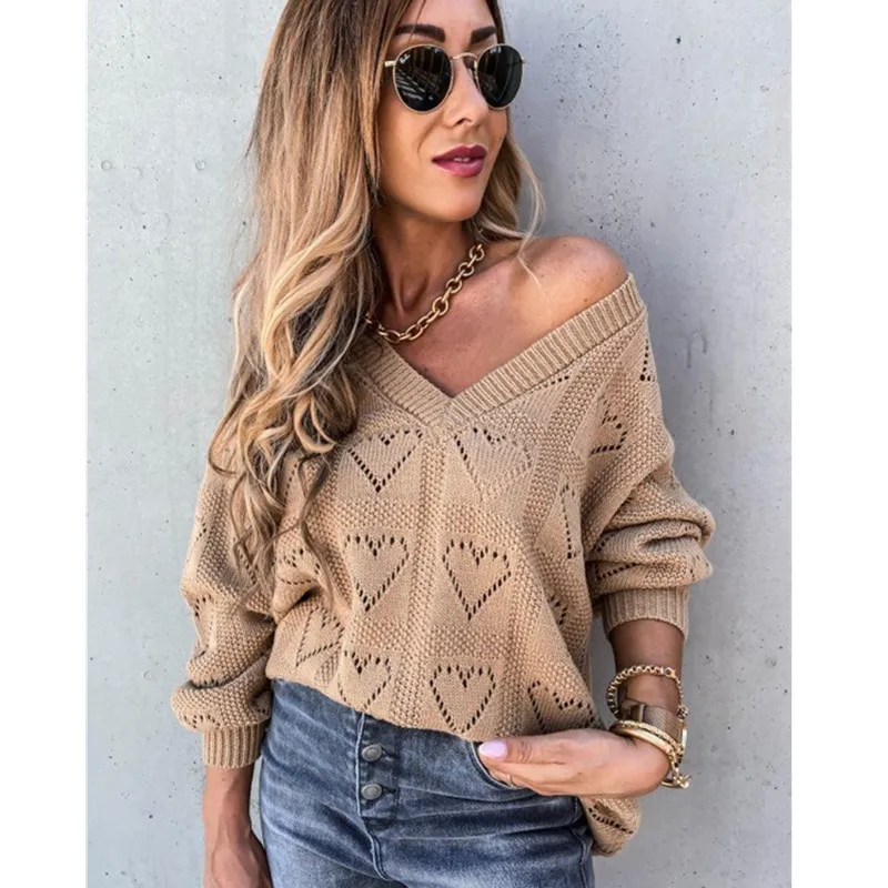 Casual Solid Color Sweater Women Jumper Pullover Tops Fashion Lady Hollow Out Heart Shape V Neck Ribbed Knitted Sweaters S-2XL