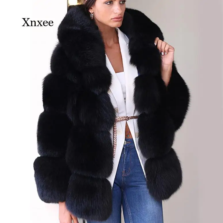 

Faux Fox Fur Mink Coats Women England Black Jacket Winter Thicker Warm Cotton Hooded Female Loose Outerwear Tops