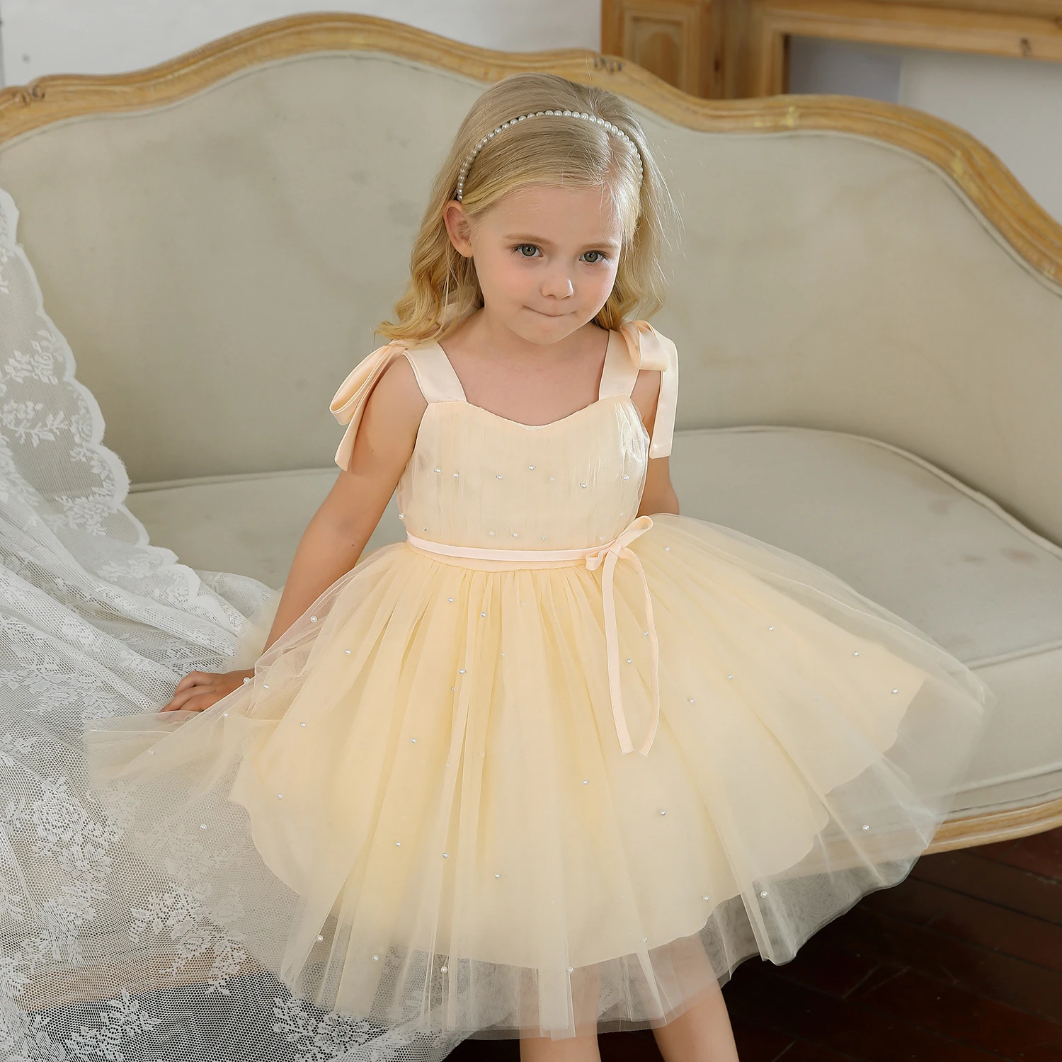 Elegant Kid Dress for Girl Tutu Fluffy Princess Pearls Wedding Gown Children Birthday Party Dress Summer Girl Sleeveless Clothes