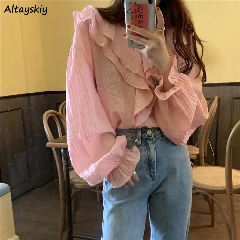 Spring Pink Blouses Women Flare Sleeve V-neck Ruffles Gentle Temperament French Shirts Female OL Sweet Chiffon Top Versatile Ins