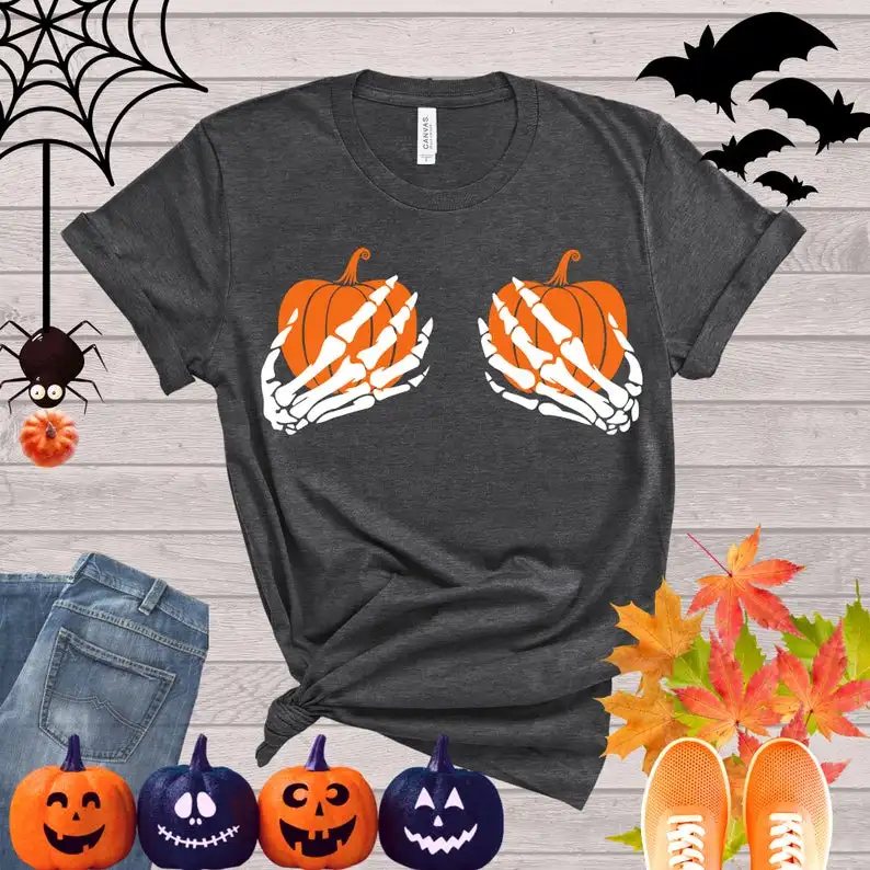 Skeleton Hands Shirt Funny Halloween  Happy Party Trick or Treat Hand Bra Shirt Short Sleeve 100% Cotton Top Tee O Neck y2k goth