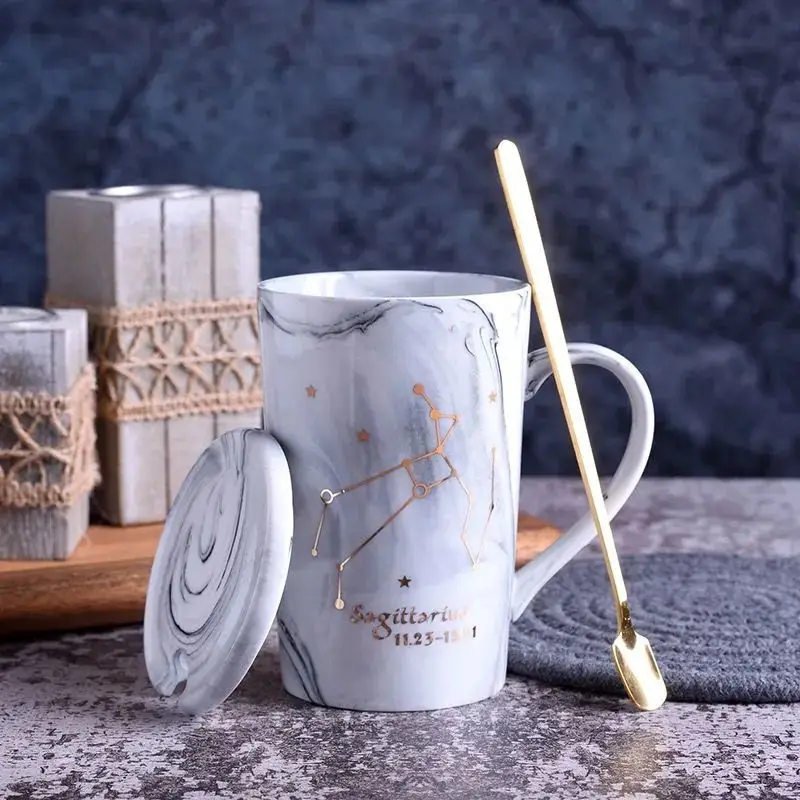 With Gift Box 12 Constellations Creative Ceramics Mugs with Spoon Lid White Porcelain Zodiac Milk Coffee Cup 400ML Water 1 set