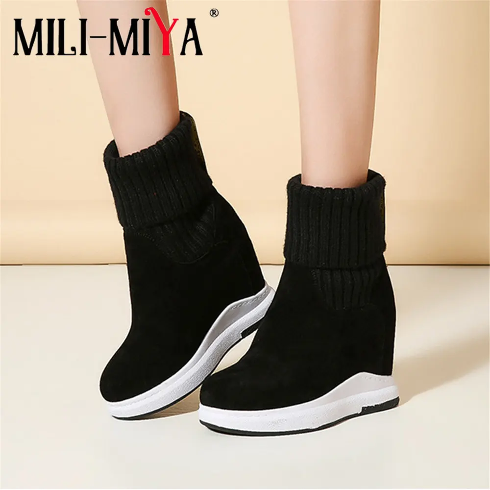 MILI-MIYA High Quality Cow Suede Platform Wedge Ankle Boots Women New Winter Female Height Increasing Casual Shoes Black