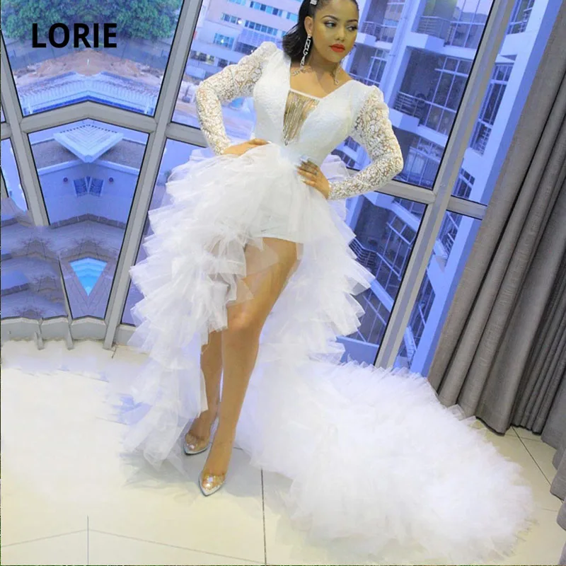 LORIE Sexy High Low suknie balowe 2021 dekolt w serek długie rękawy Ruffles biała arabska suknia wieczorowa na przyjęcie Celebrity Dressrobe luxe femme