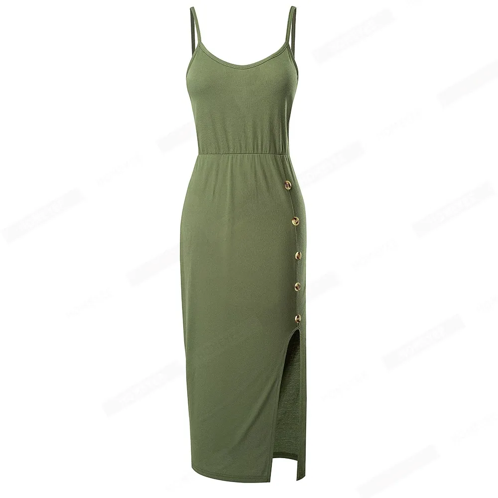 Women  Summer Classy Solid Color Dresses with Button Casual Holiday Straight Midi Cami Dress EB662