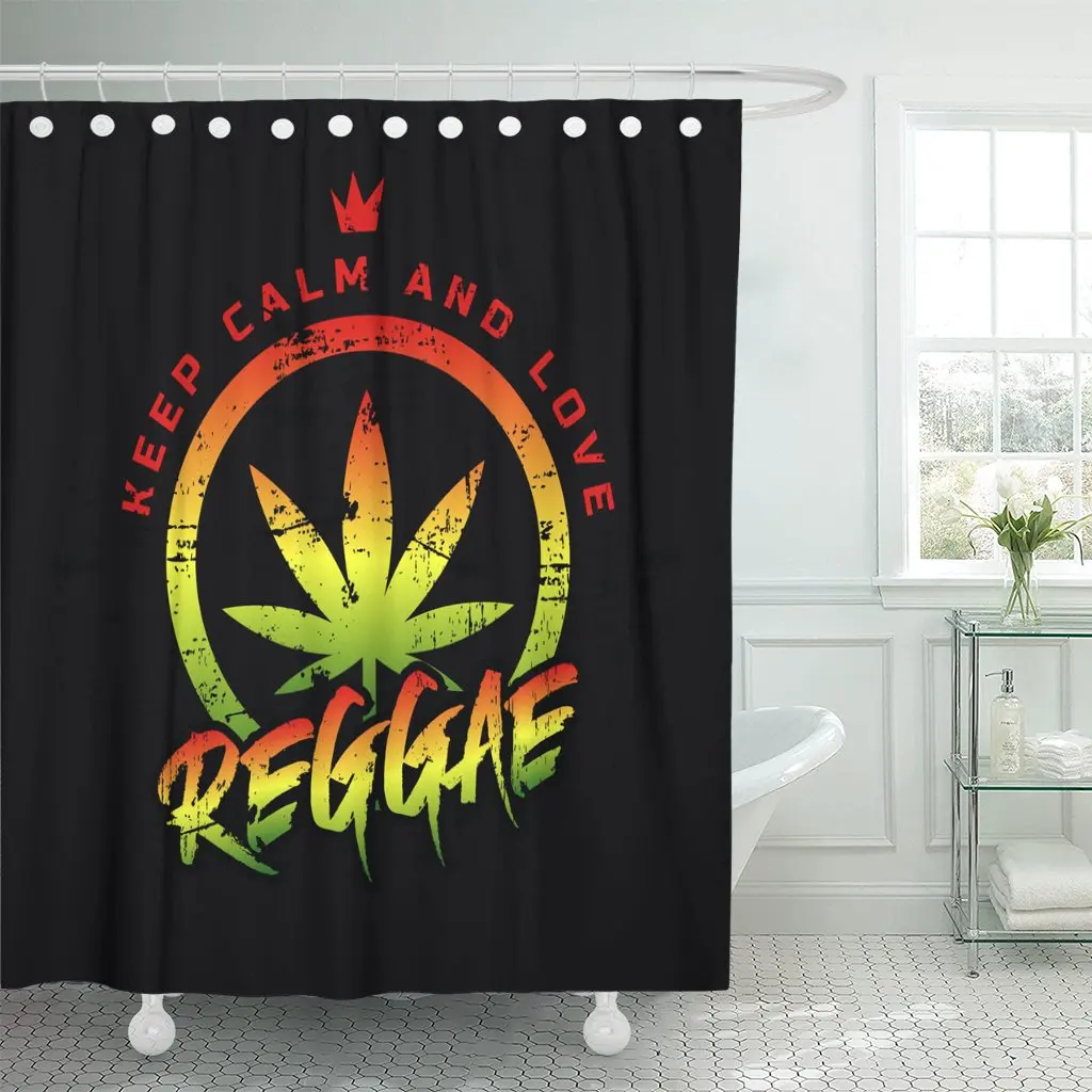 Reggae Music Slogan Keep Calm and Love Stamp Shower Curtain Waterproof Polyester Fabric 72 x 72 Inches Set with Hooks