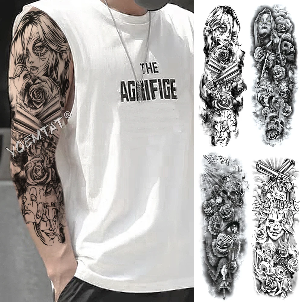 Large Arm Sleeve Tattoo Mask Rose Gun Waterproof Temporary Fake Tatoo Sticker Skull Old School Cross Pray Men Women Full Tatto