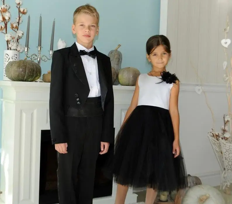 Tenue de soirée noire 2 pièces pour garçons, costume pour petit garçon à revers cranté, costumes de bal de mariage pour enfants, Tuxedos (veste + pantalon)