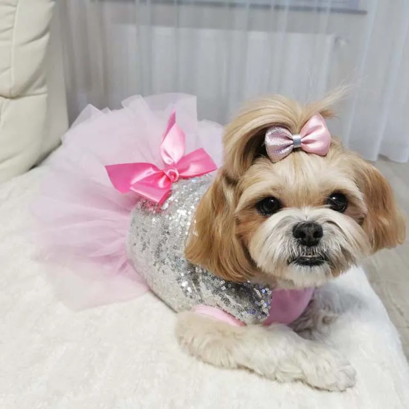 Princess Dog Dress Summer Bright Shirt Tutu Skirt Dog Clothes For Yorkie Chihuahua Shih Tzu Bowknot Wedding Party Puppy Costume