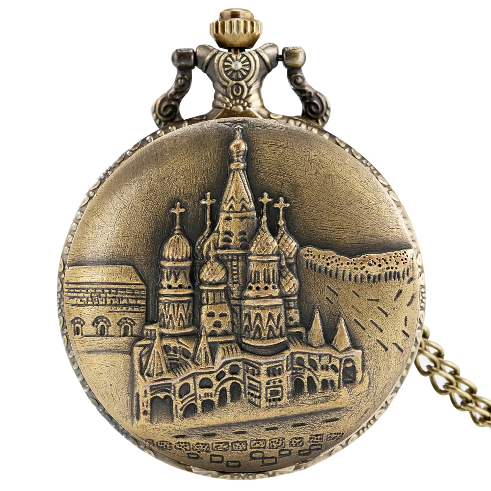 Retro Castle Design orologio da tasca al quarzo collana in bronzo orologio a catena uomo donna collezione Vintage Steampunk ciondolo orologio regali