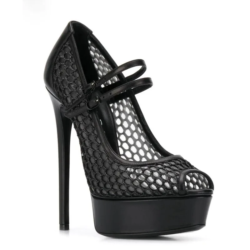 

Sexy Platform Double Straps Air Mesh Pumps Super Heels Peep Toe Fishnet High Heels Banquet Performance Shoes