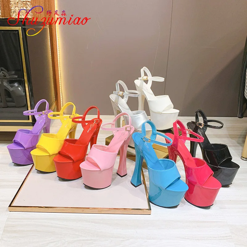 17CM Model Stage Sandals Candy Color Women Ultra High Heel Sandals High Waterproof Platform Lady Catwalk Steel Tube Dance Shoes