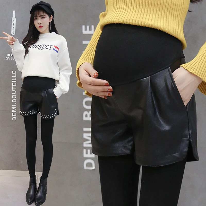 Pregnant Shorts Women Autumn and Winter Pregnant Shorts Womens Fashion Leather Shorts Winter