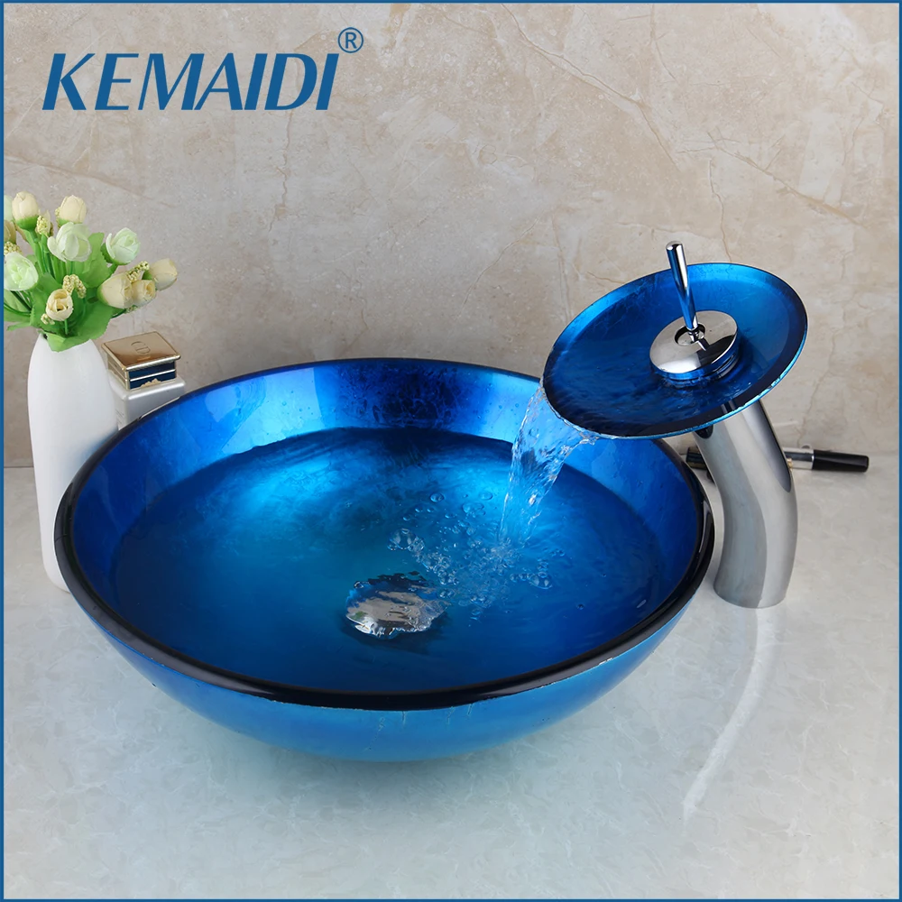 

KEMAIDI Bathroom Vessel Sinks Round Tempered Glass Basin Bowl Sink Above Counter Pure Blue Bowl Sinks For Bathrooms with Faucet