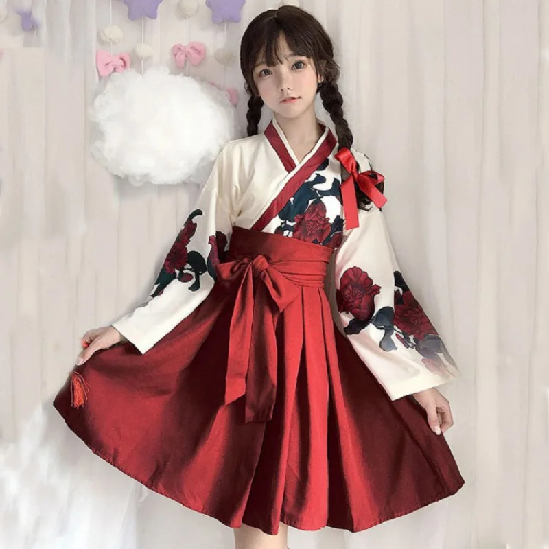 Busana Wanita Gaya Jepang Vintage Kimono Motif Bunga Lengan Panjang Gaun Hanfu Cosplay Anak Perempuan Pakaian Atasan + Rok Pita 2 Potong Set