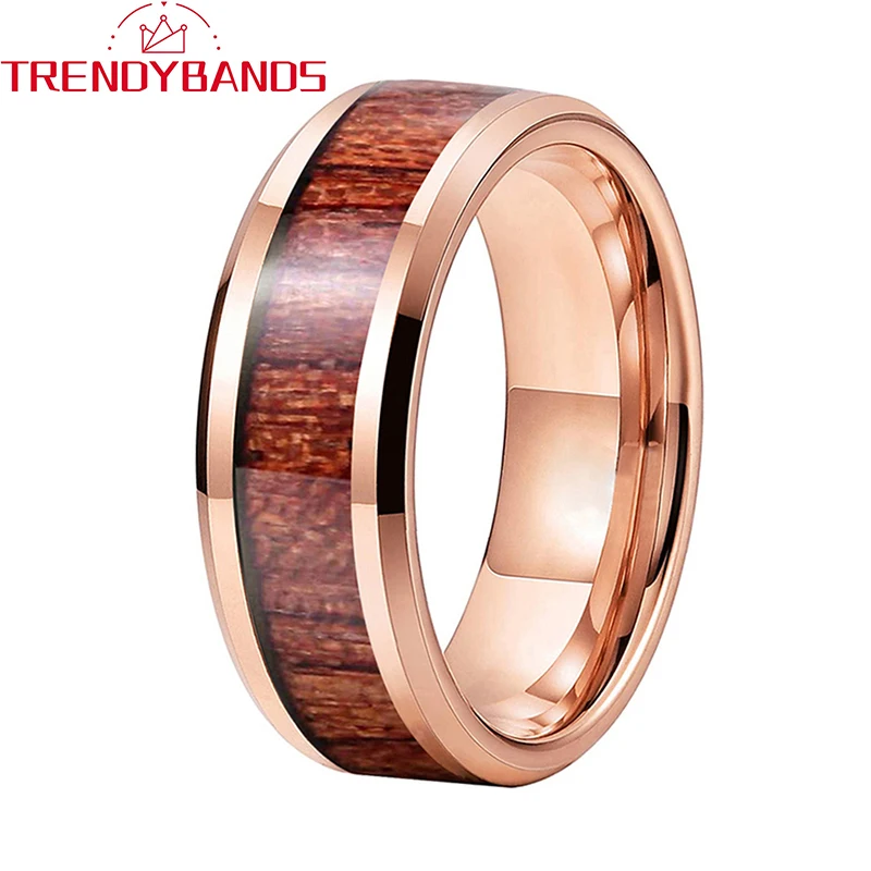 

8mm Couple's Tungsten Rings Wedding Band Koa Wood Inlay Beveled Edges Polished Shiny Comfort Fit