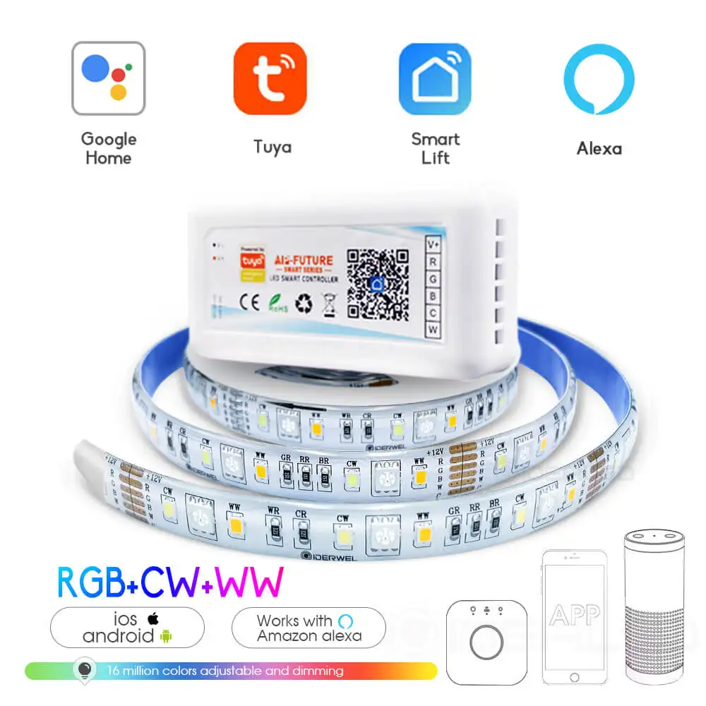 Imagem -06 - Smart Led Rgbww Luz Tira Wifi Controlador Rgb Mais ww cw 12v Rgbcct 6pin Tira Flexível Alexa Controle de Voz Remoto para Tuya App