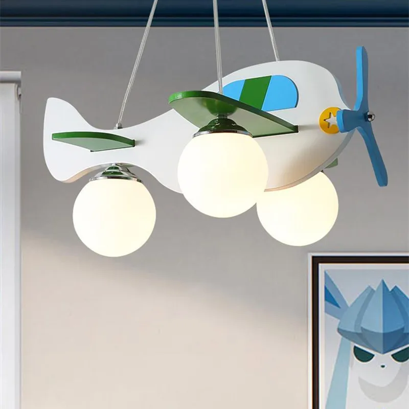 Modern 3 Heads glass ball pendant lightp for Creative Airplane Bedroom Wood LED airplane light Home children room pendant light