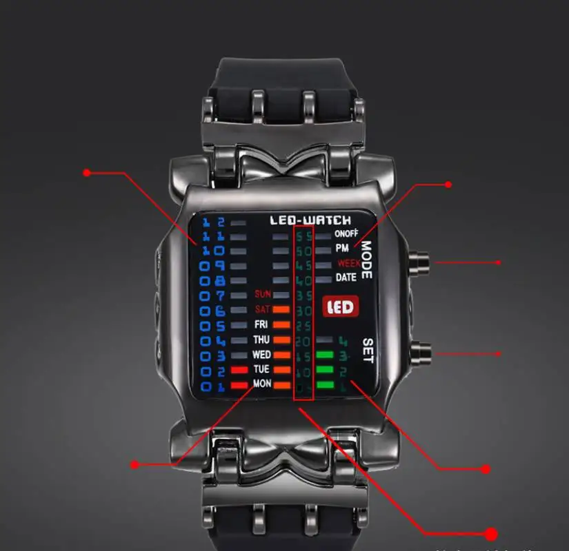 Boys Mens Binary Watch Fashion Binary LED Digital Wristwatch Date Square Dial Casual Plastic Strap Bracelet Watch