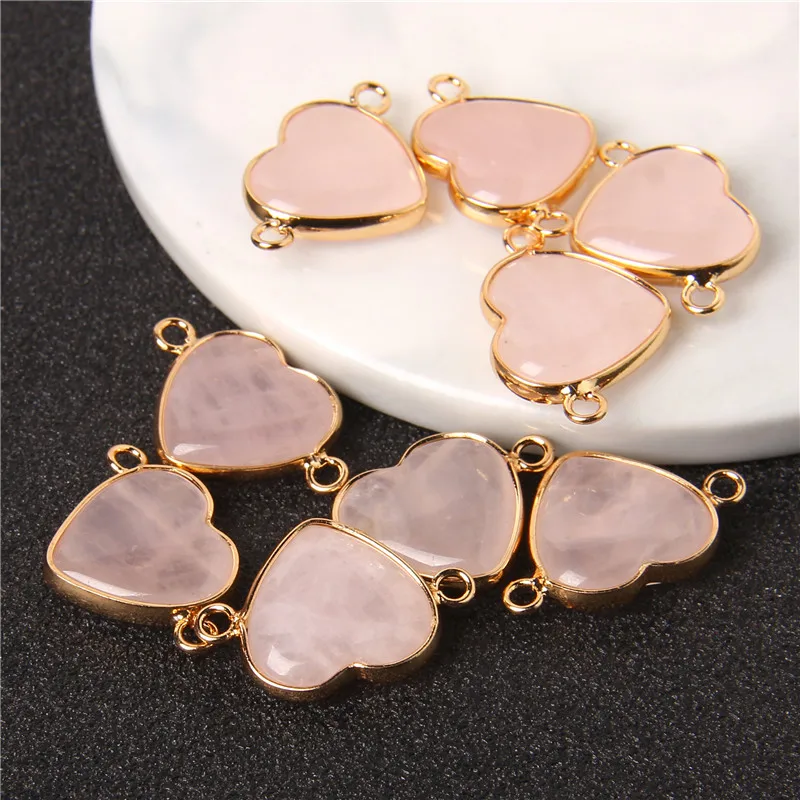 2pcs Natural Rose Quartzs Crystal Pendant Connector Heart Shape Pink Stone Beads Pendant for Jewelry Making DIY Bracelet 15x23mm