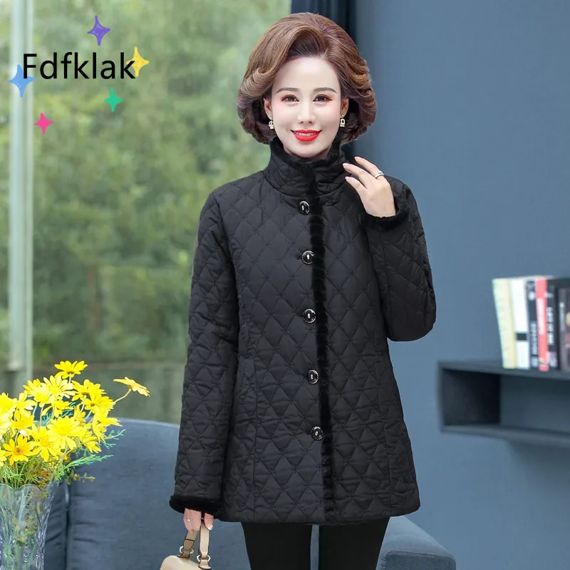 Fdfklak 5XL Mutter Geschenk Plus Samt Warme Baumwolle Gefütterte Jacke Taste Stepp Fleece Stoff Mantel Top Leibchen Jaqueta Feminina