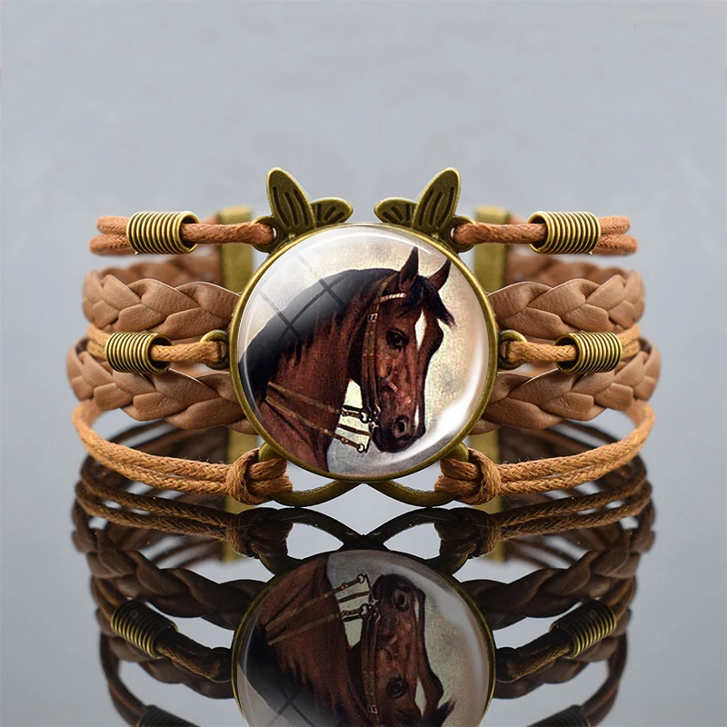 Horse Pattern Glass Dome Brown Leather Bracelet Horse Head Art Infinity Butterfly Bangle Bracelet Jewelry Animal Birthday Gift