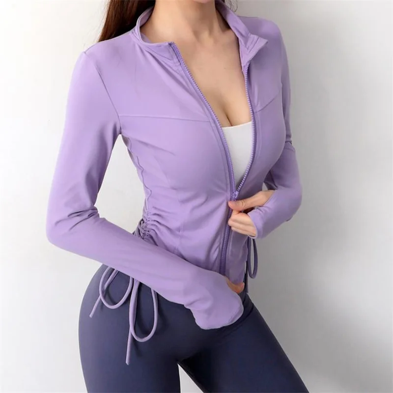 Women Nylon Fitness Sport Jacket  Long Sleeve with Thumb Hole Yoga Shirt Slim Zipper Workout Side Drawstring Training Sportswear