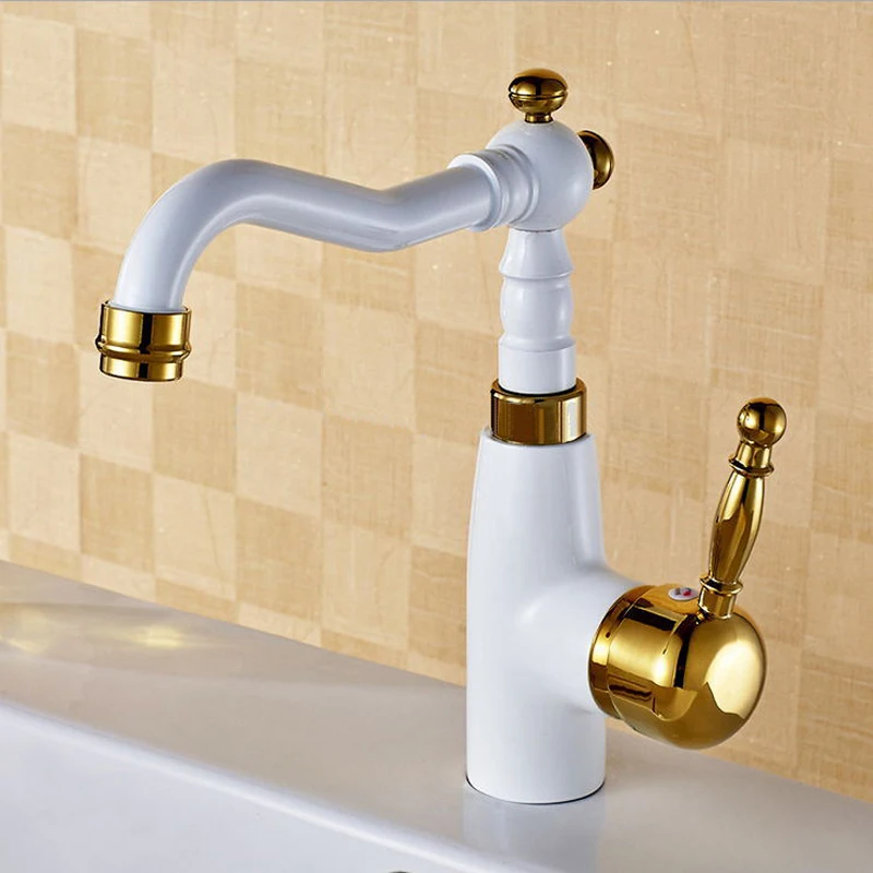 Nordic Style Elegant Brass White and Gold Bathroom Sink Faucet Single Hole 360° Rotating Basin Water Tap Mixer W3015