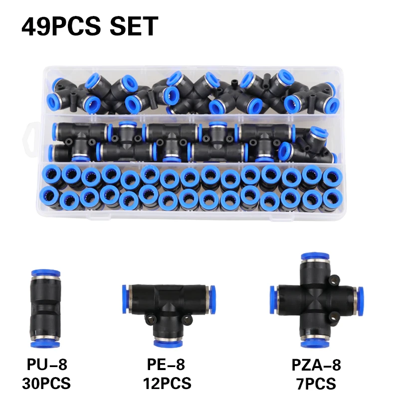 

49PCS/Box Set Pneumatic Fittings PZA/PU/PE Water Pipes Pipe Connector PU-8mm Plastic Hose Quick Couplings Tee Air Straight Gas