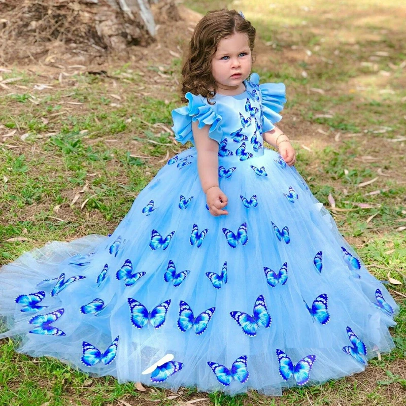 New Arrival Butter Fly Ruffles Princess Flower Girl Dresses Lace Tulle Birthday Pageant Communion Robe De Demoiselle Baby Party