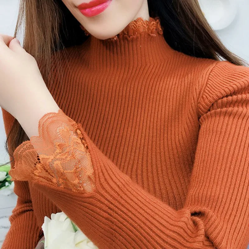 2020 Autumn Winter Women Sweater Lace Turtleneck Sweaters Female Long Sleeve Knitted Pullovers Casual Jumper Femme Pull P315