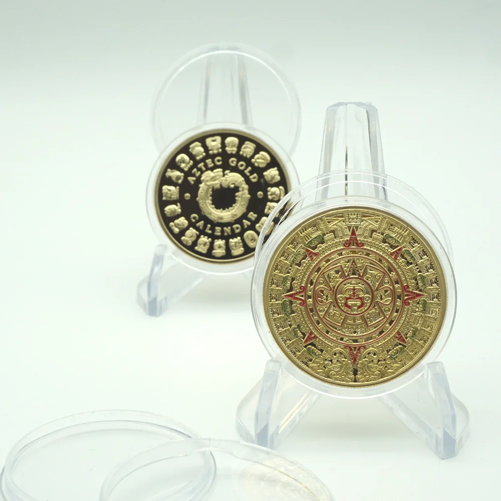Mexican Maya Aztec Calendar Prophecy Culture Gold Plated 999 Replica Commemorative Colorized Coin Collectibles