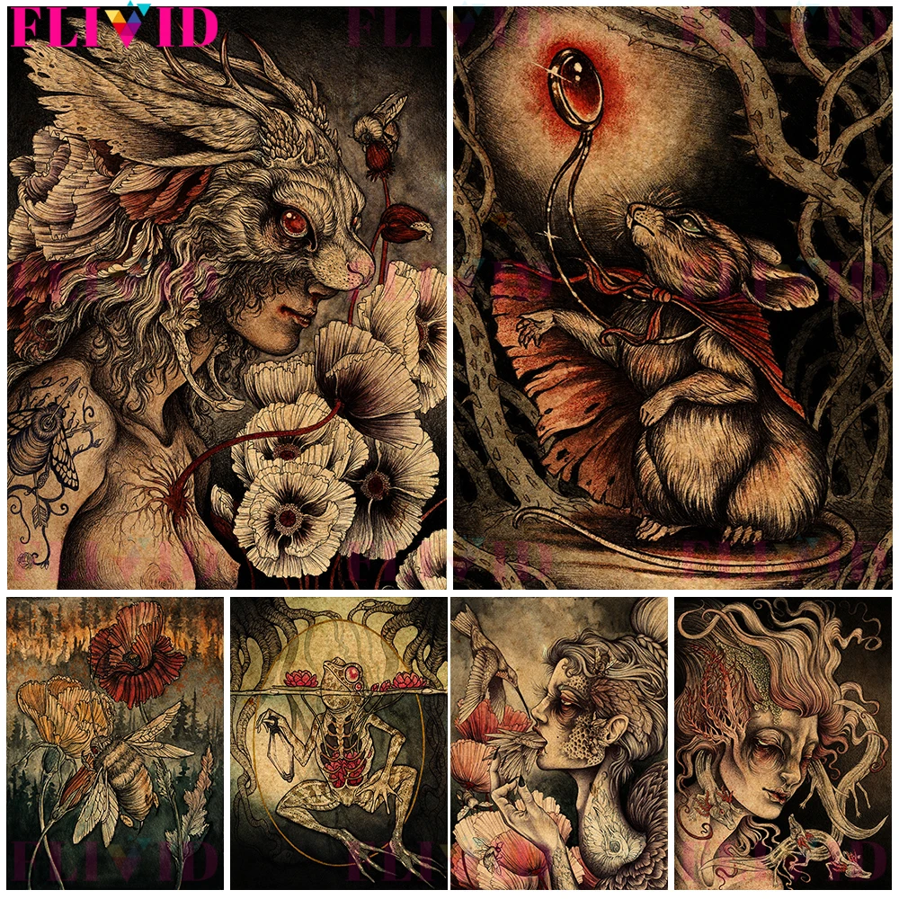 

Weird Unicorn,Jackalope,Mantis,Banshee,Night Owl,Vintage Wall Art Canvas Print,Fantasy Mutated Creatures Art Poster Print Decor