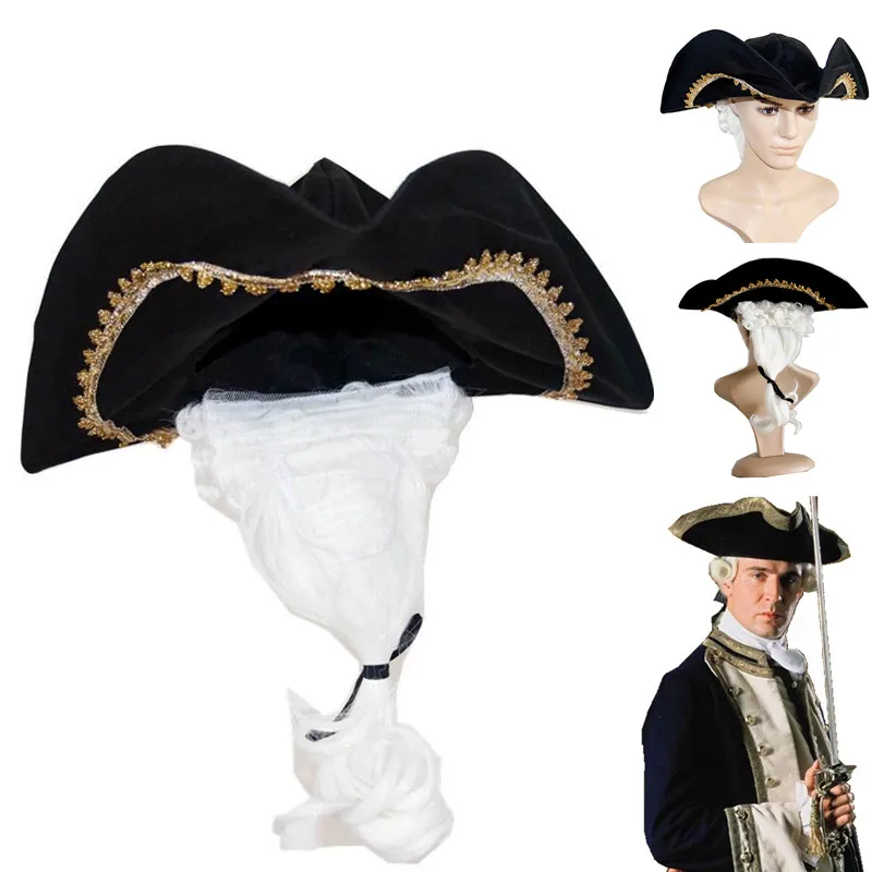 Adults Black Pirate Hat With Hair Count Justice Lawyer Cap Gentleman Hat Halloween Cosplay Accessories