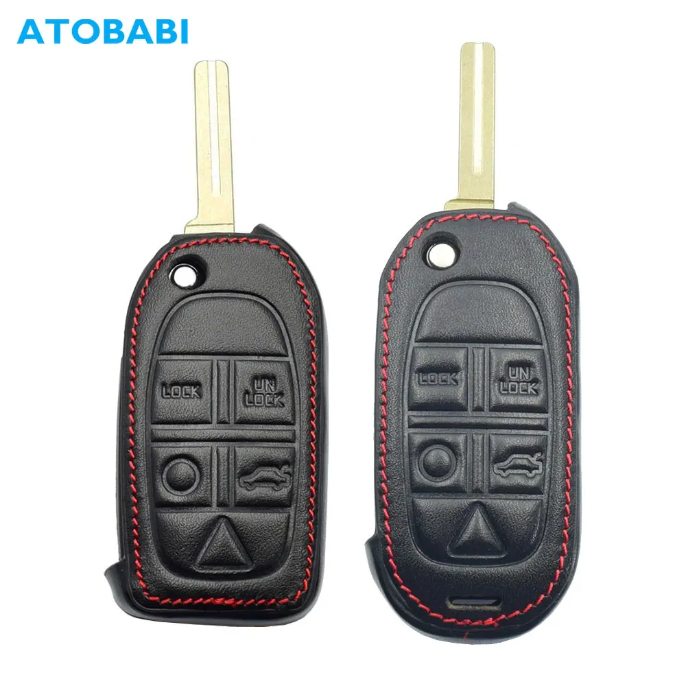 Leather Car Key Case For Volvo S80 S60 V50 V70 XC70 XC90 5 Button Remote Fob Shell Cover Keychain Protector Bag Auto Accessories