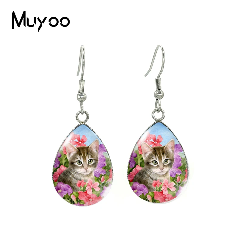 

2021 New Kitten Flowers Tear drop Earring Cat Painting Fish hook Earrings Glass Cabochon Jewelry Handmade Items