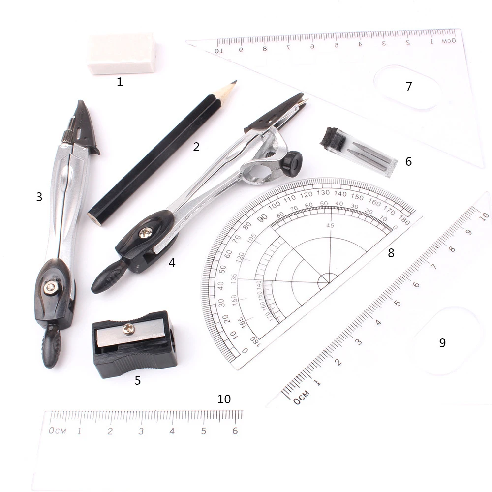 10pcs Geometry Kit Geometry Protractor for Drawing Eraser Compasses Set Math Eraser Ruler For Students