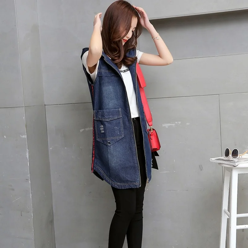 

Long Fashion Style Hooded Female Jacket Zipper Torn Ripped Jeans Sleeveless Vest Casual Coat Large Size 3XL Waistcoat For Women