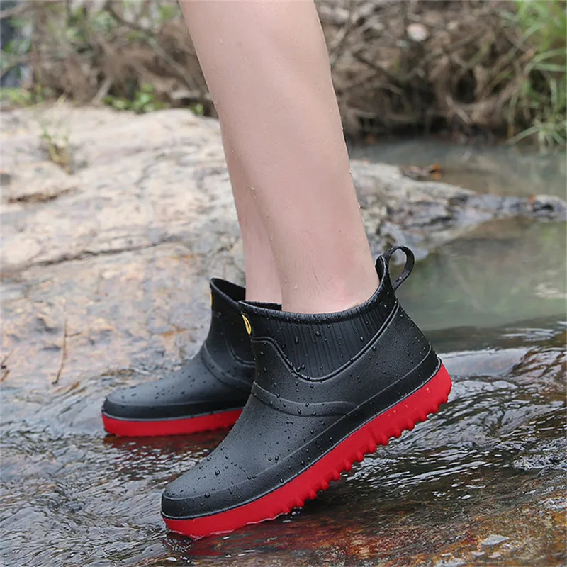 Men\'s Low-top Rubber Boots Short Tube Waterproof Car Wash Water Shoes Round Toe Flat Rainy Outdoor Walking Fashion Ankle EVA