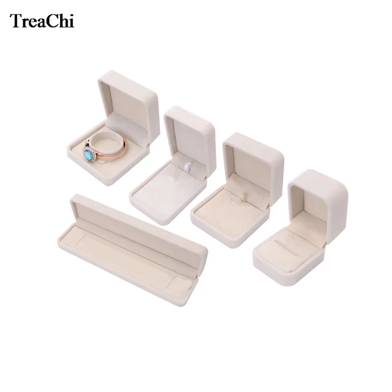 

Fine Elegant Beige Velvet Jewelry Display Case Luxury Wedding Ring Earrings Necklace Bracelet Storage Organizer Gift Set Box