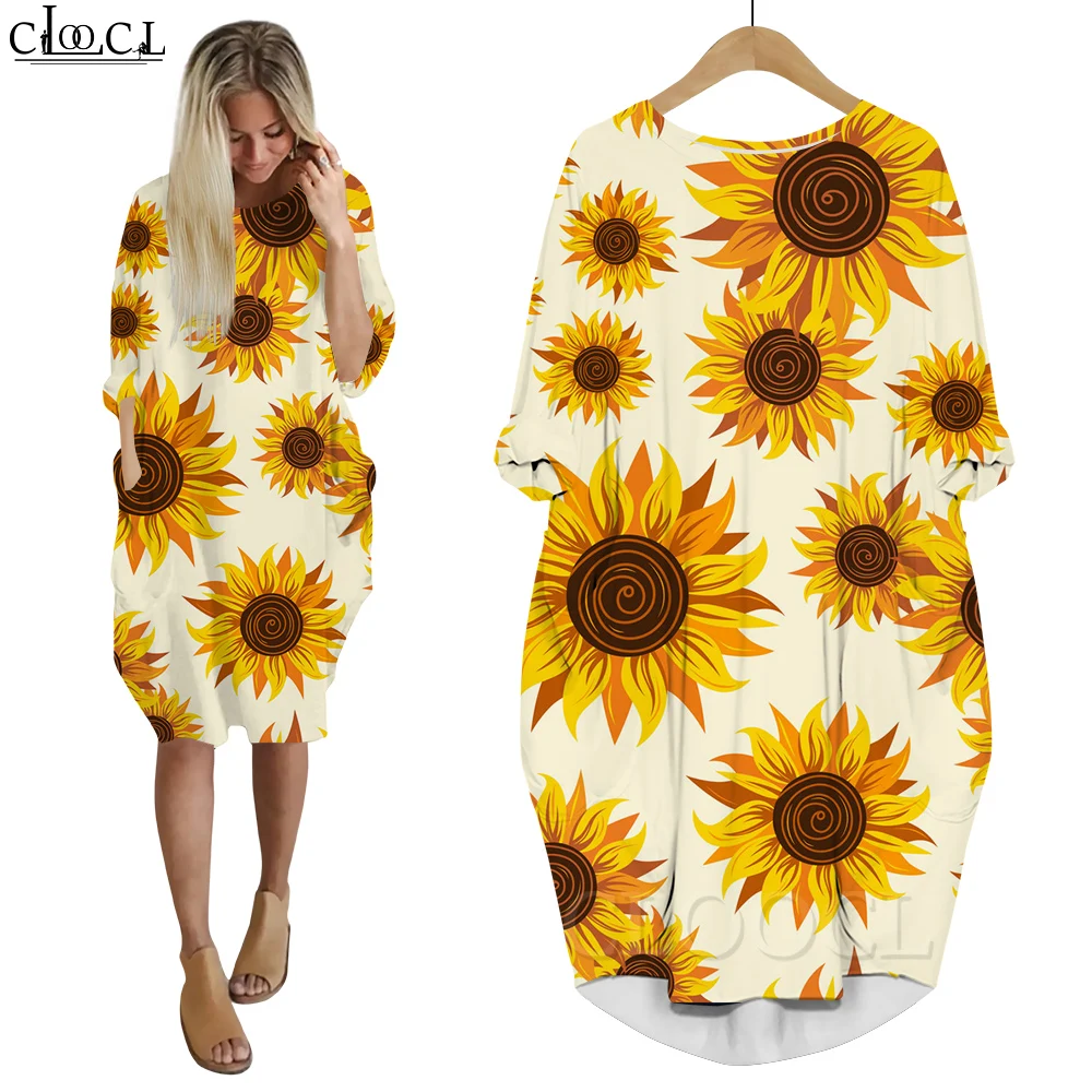 CLOOCL Women Dress Beautiful Sunflower Yellow Flowers 3D Printed Loose Daughter Dresses Long Sleeve Casual Pocket Female Dress