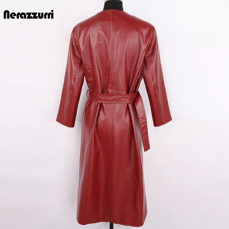 Nerazzurri Spring Autumn Long Pu Leather Trench Coat Women 3/4 Sleeve Deep V Neck Belt Stylish Korean Fashion 4xl 5xl 6xl 7xl