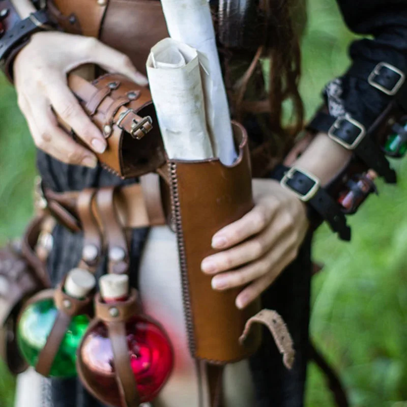 Estuche de desplazamiento de mapa de taza de cuero Medieval, bolso de cadera, tubo de documentos, mensajero renacentista, accesorio de Cosplay, accesorios de fantasía para LARP