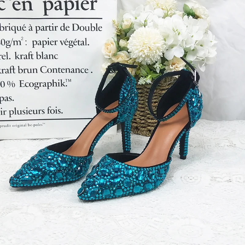 Teal Blue Women wedding shoes Woman Summer Sandals crystal ankle strap shoes woman Fashion Pointed toe High shoes Buckle Sandals