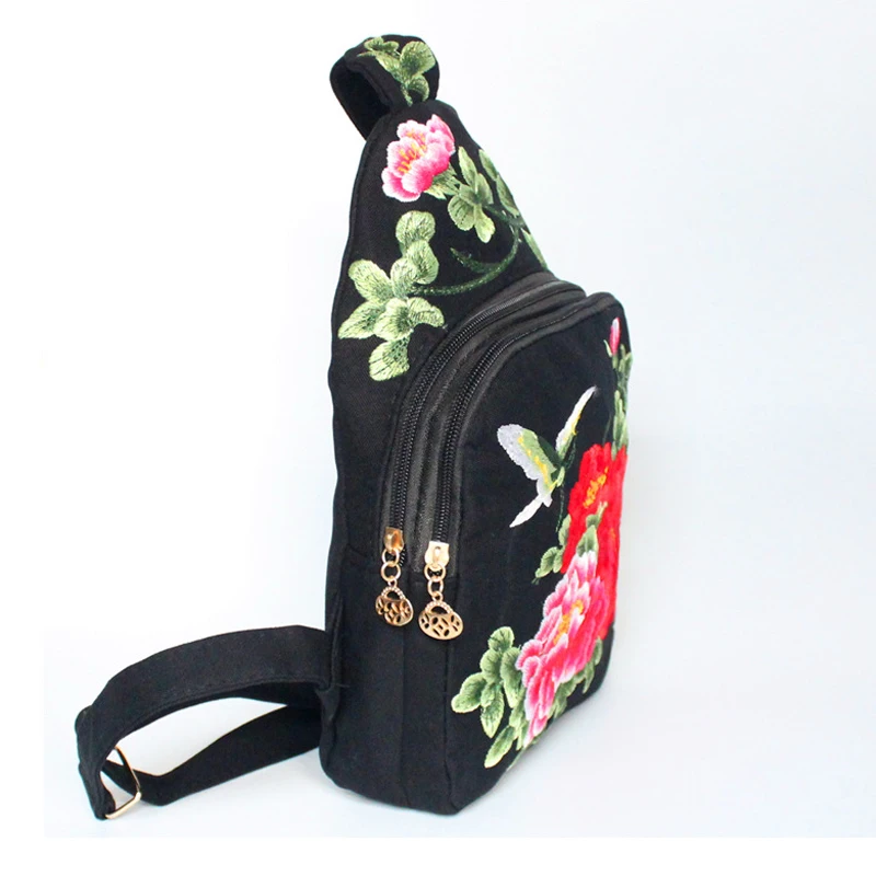 Women Chest Bag Chinese Ethnic Style Hand Embroidery Pretty Flowers Casual Canvas Travel Shoulder Crossbody Bag High Quality