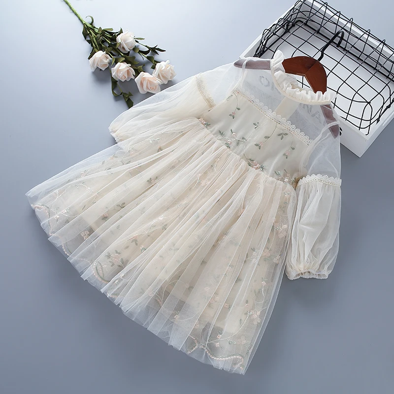 3-7 Year High Quality Girl Clothes New Spring Autumn Chiffon Mesh Lace Floral Kid Children Girl Princess Dresses